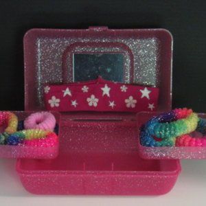 Small Caboodle-Style Pink Glitter Case with Hair Accessories